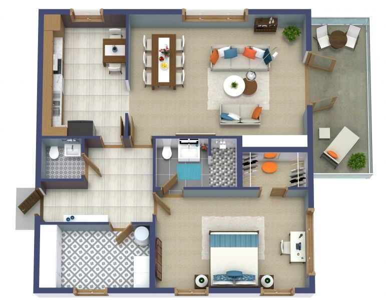 1 Bedroom Floor Plan With Spacious Balcony - Spacious One Story House Plans