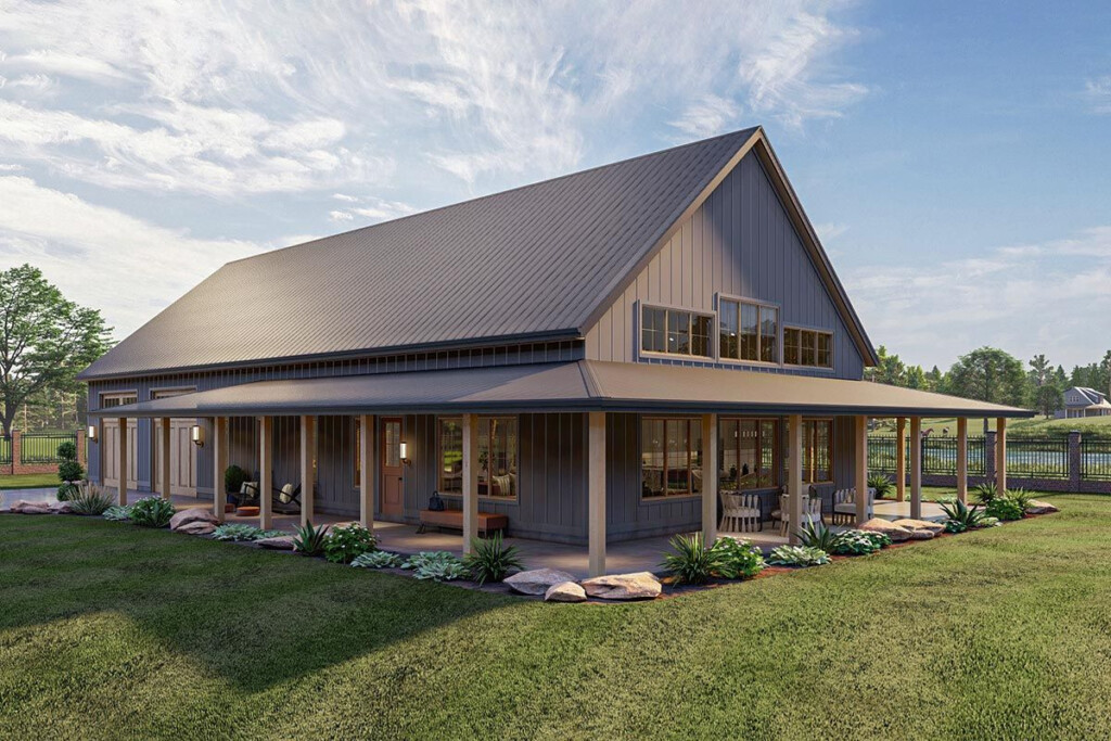 1 Story Barndominium Style House Plan With Massive Wrap Around Porch  - Single Story Barn House Plans