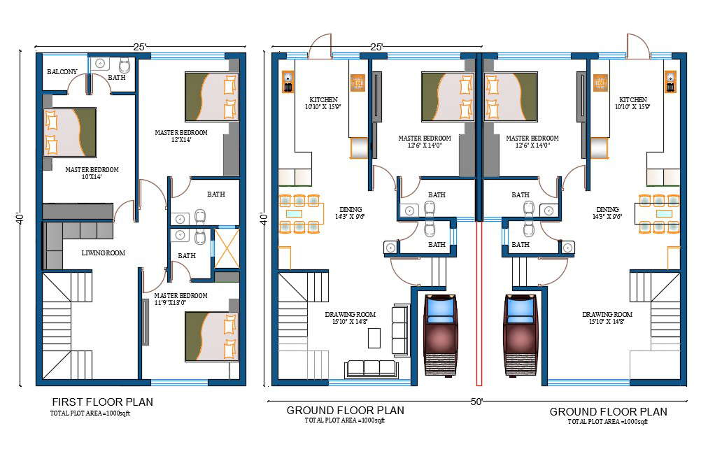 1000 Square Feet House Plan Drawing Download DWG FIle Cadbull - Two Story House Plans 1000 Square Feet