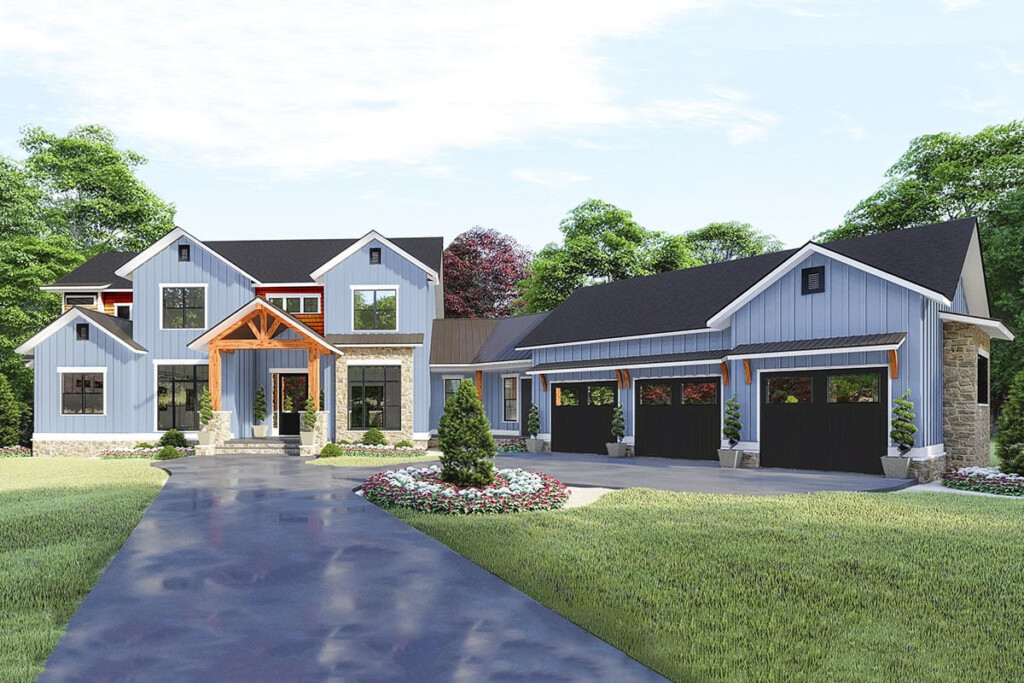2 Story 5 Bedroom Spacious New American Farmhouse With Angled 3 Car  - 2 Story House Plan With 3 Car Garage