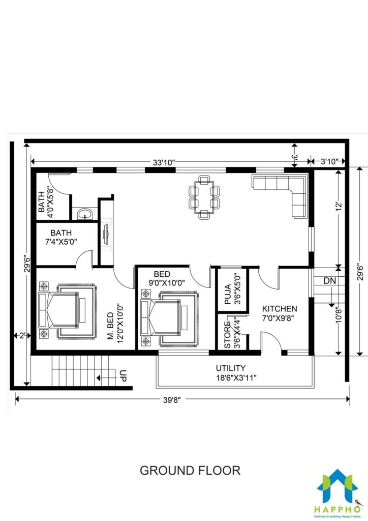 30X40 House Plan For East Facing 2 BHK Plan 027 Happho - 30 X 40 2 Story House Plans