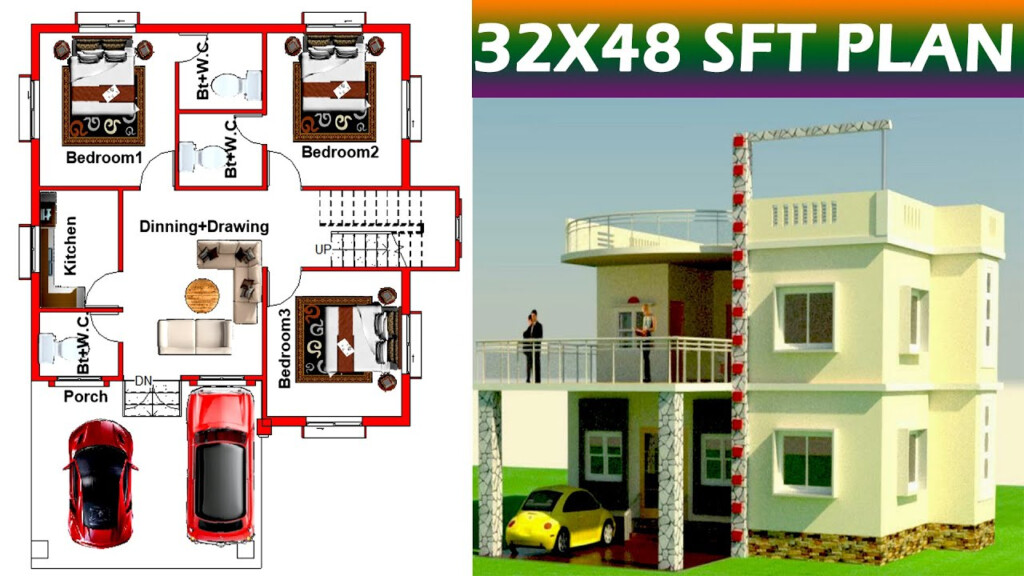 32x48 Sqft House Plan 32by48 Sqft Home Plan 3 Bedroom YouTube - Single Story 32X48 House Plans