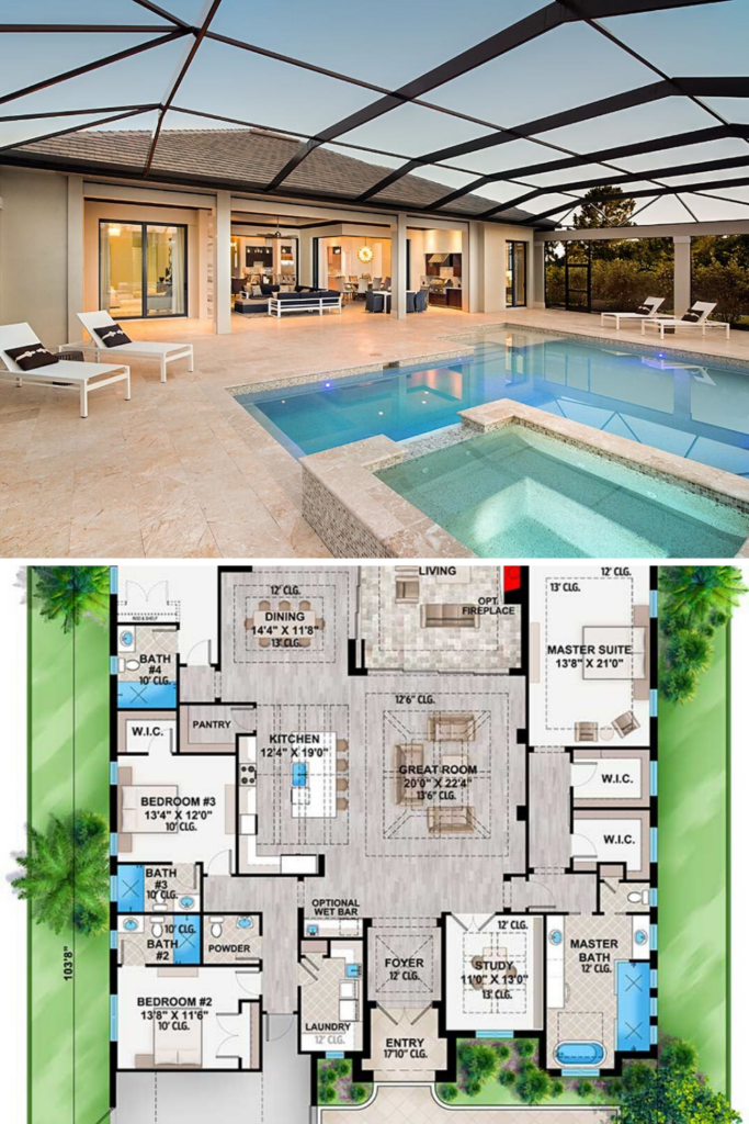 4 Bedroom Single Story Southern Contemporary Home - 1 Story House Plans With Pools From California