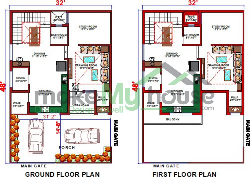 Buy 32x48 House Plan 32 By 48 Elevation Design Plot Area Naksha - Single Story 32X48 House Plans