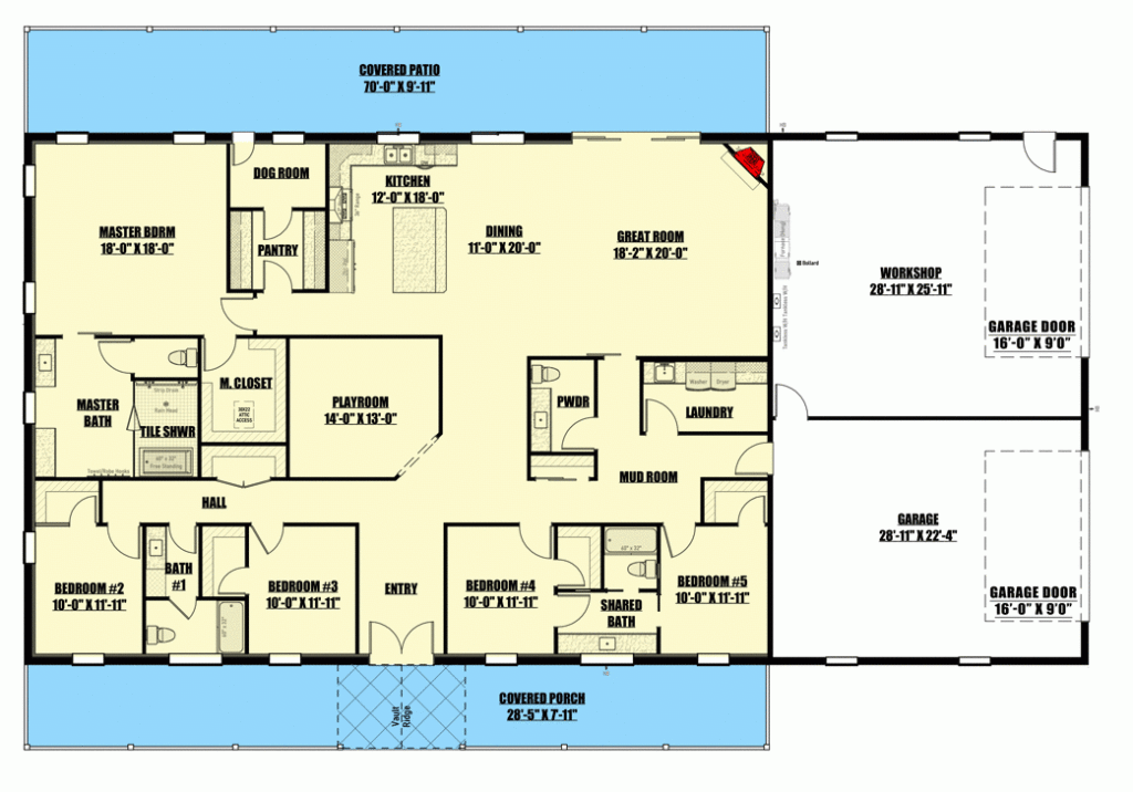 Exclusive One Story Barndominium style House Plan With 5 Beds  - 5 Bed 3 1 2 Bath 1 Story House Plans