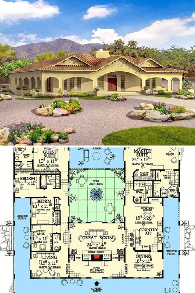 Expansive Adobe Home Floor Plan Built Around An Open Courtyard  - One Story Courtyard House Plans