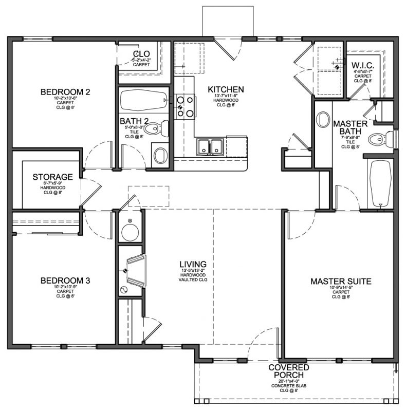 Floor Plan For Small 1 200 Sf House With 3 Bedrooms And 2 Bathrooms  - 3 Bedroom 3 Bath 2 Story House Plans