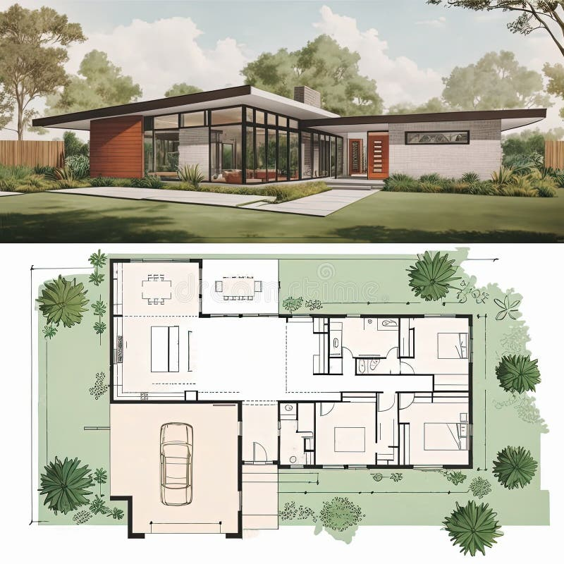 Mid Century Modern House Plan Residential Villa Exterior And Blueprint  - Single Story Mid Century Modern House Plans