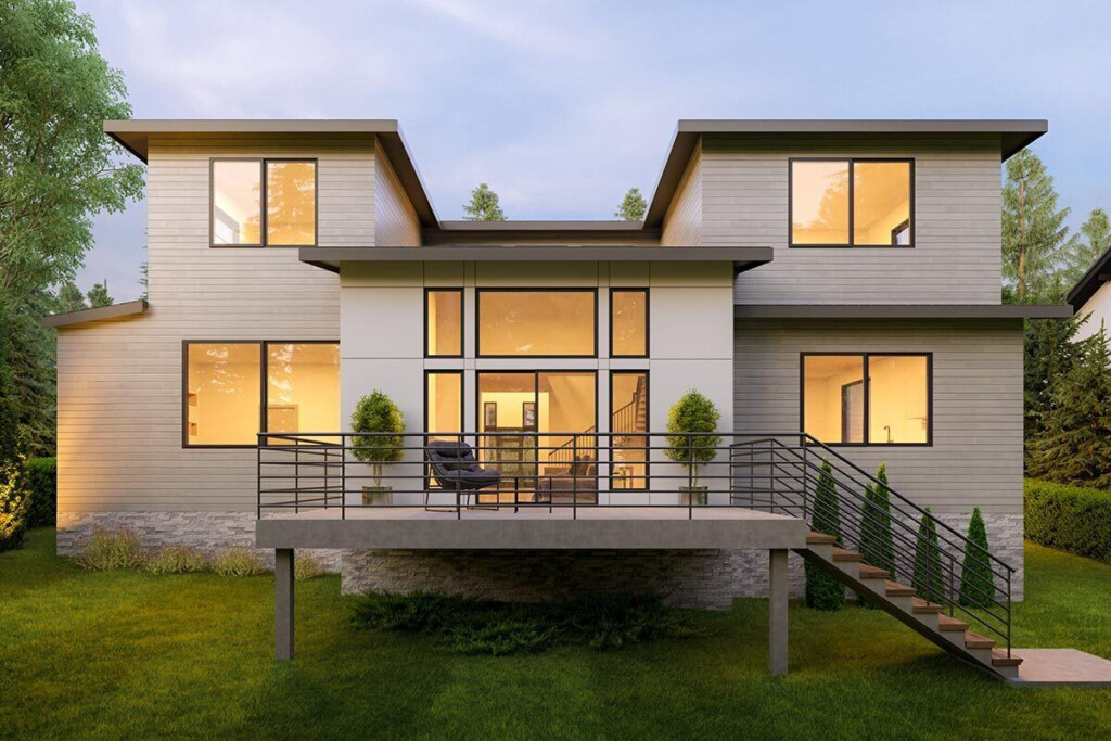 Mid century Modern With 2 story Foyer And Great Room 666174RAF  - 2 Story House Plans With 2 Story Great Room