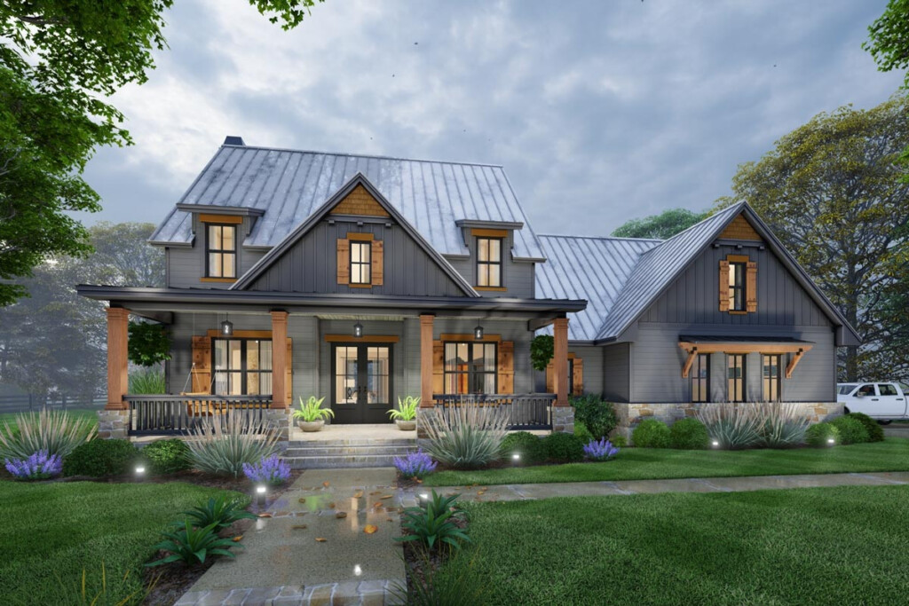 Modern Farmhouse Plan With 2 Story Great Room And Upstairs Game Room  - 2 Story House Plans With 2 Story Great Room