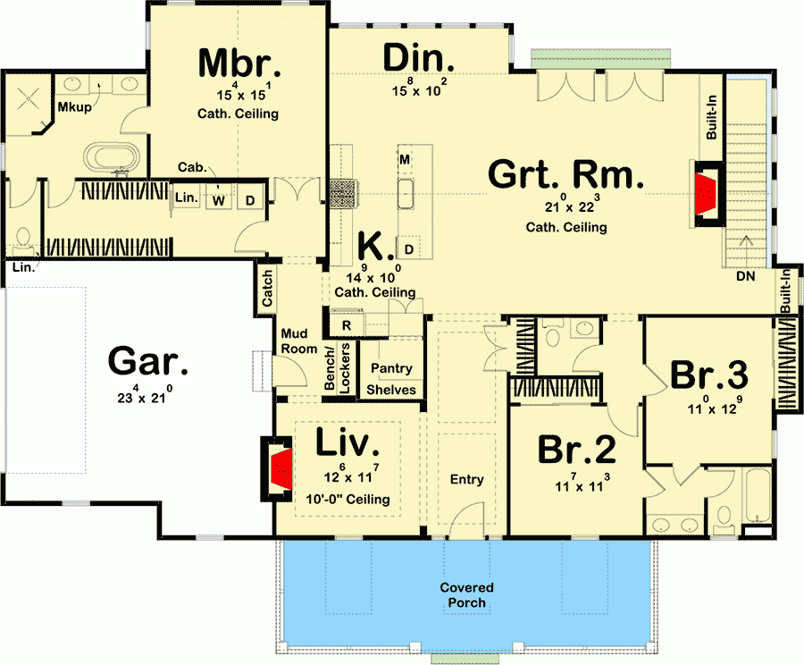 One story Country Home Plan With Vaulted Great Room And Master Bedroom  - Single Story House Plans With Great Room