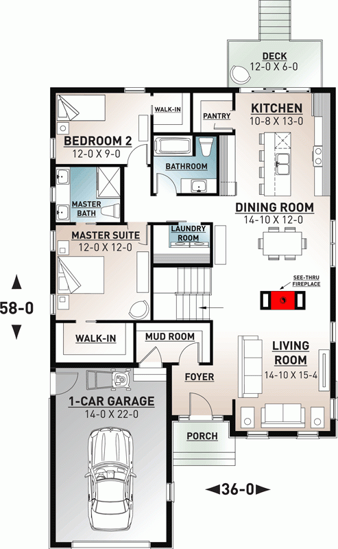 Plan 22537DR One Story 2 Bed House Plan With An Open Floor Plan  - 1 Story 2 Bedroom House Plans Big