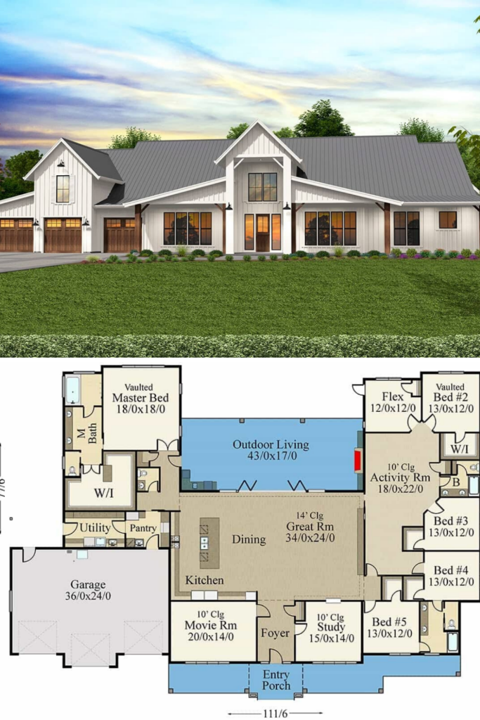 Single Story 6 Bedroom Modern Barn Home With Outdoor Living Floor Plan  - Single Story Barn House Plans