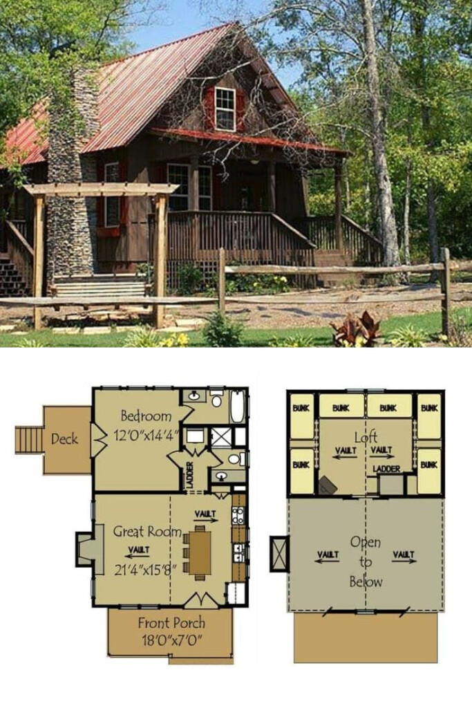 Two Story 2 Bedroom Cabin Retreat Floor Plan Rustic House Plans  - 2 Story House Plans With 2 Bedrooms Upstairs